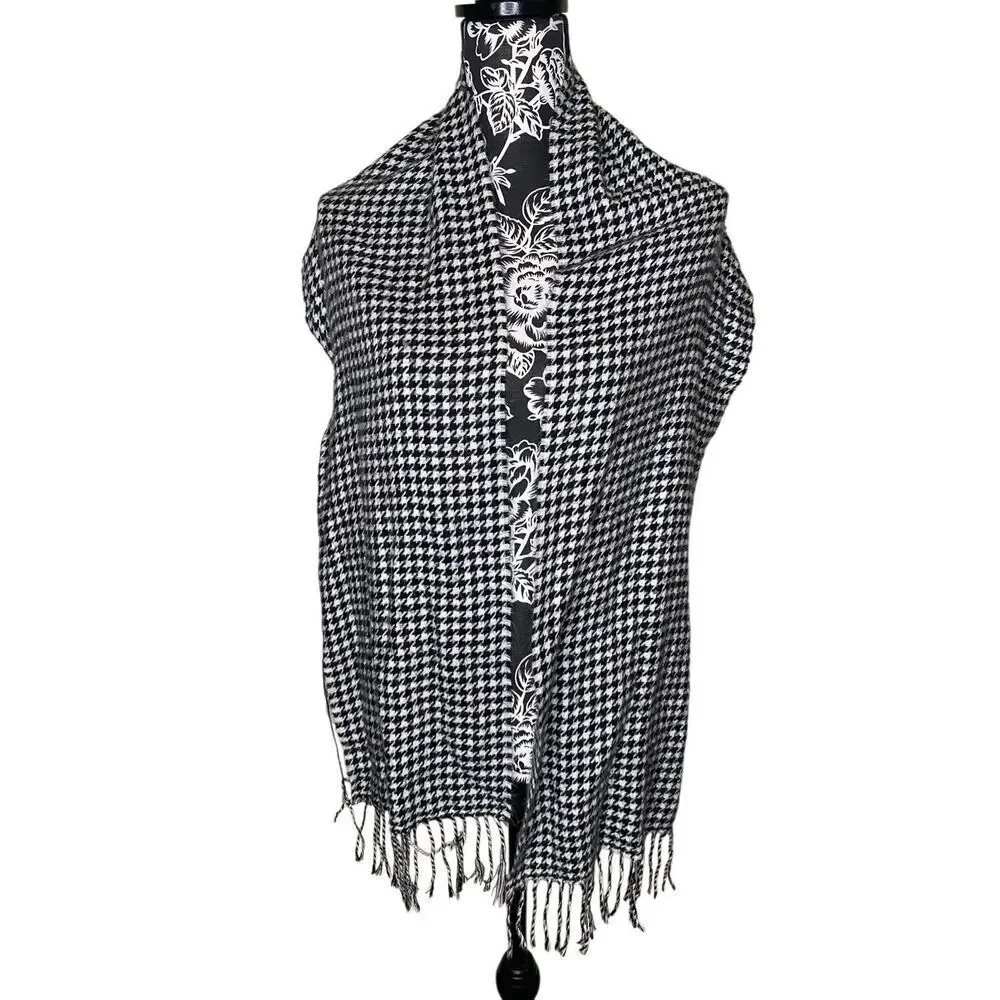 Black White Houndstooth Tassel Scarf Classic Checkered Wrap Winter Shawl Boho